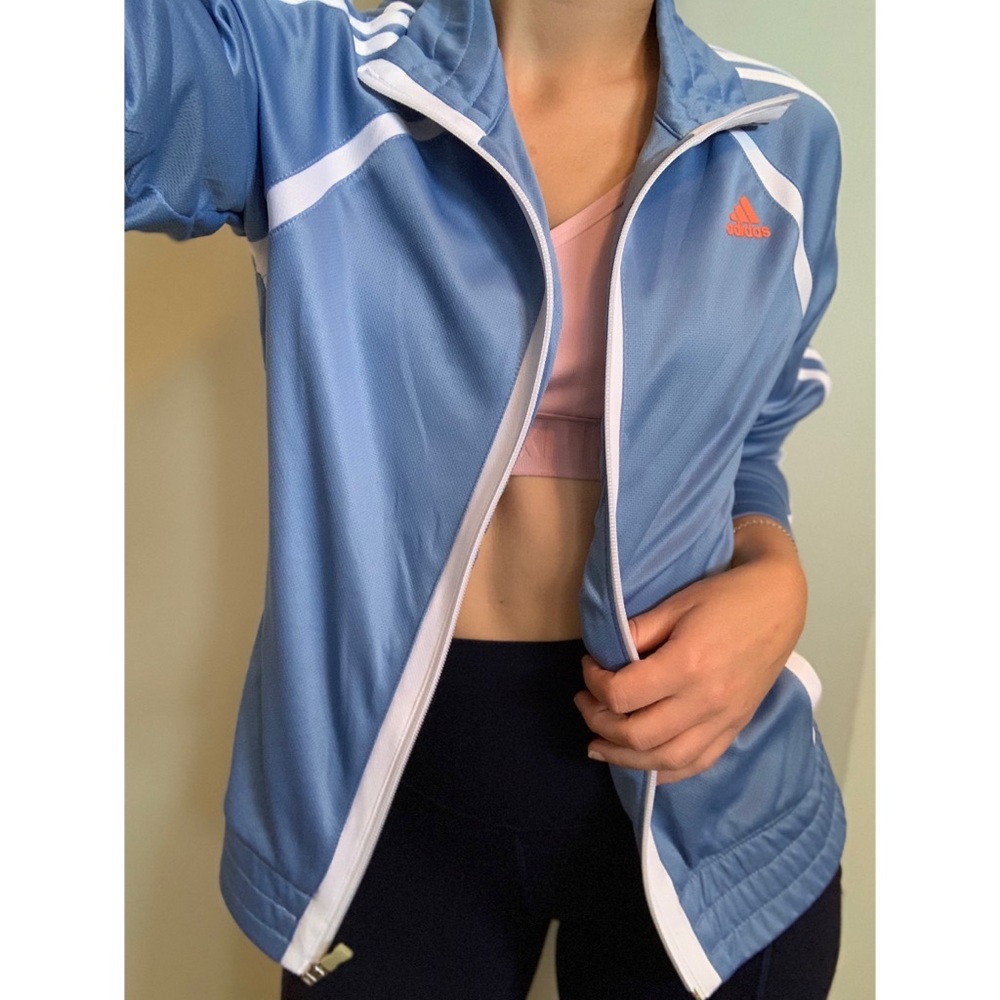Small, Adidas, sleek blue & white 3 stripe jacket